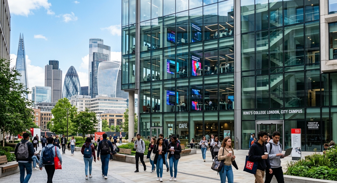 Modern university building in central London with glass facade, students walking through campus courtyard, digital technology displays visible through windows, urban skyline in background