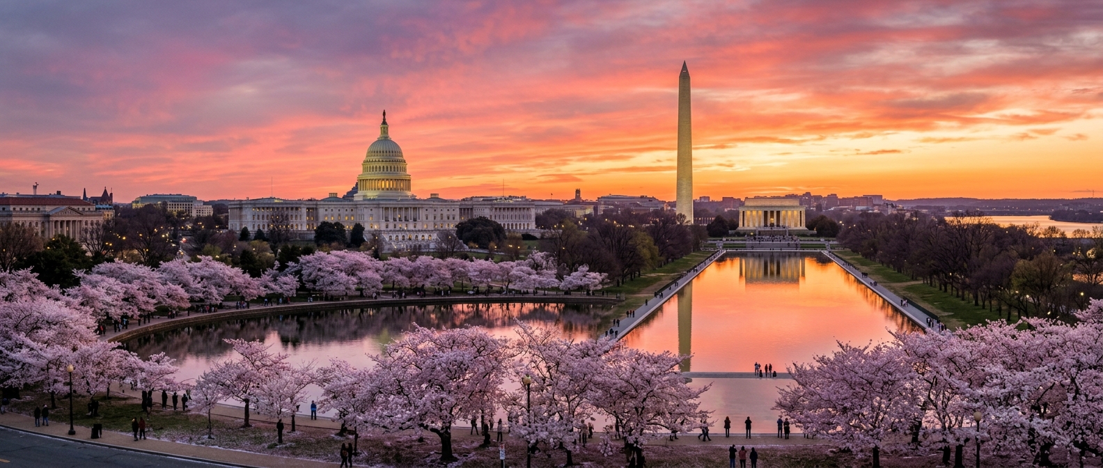 Washington D.C. skyline panorama showing the U.S. Capitol dome, Washington Monument, and Lincoln Memorial reflecting pool at sunset, cherry blossom trees in foreground