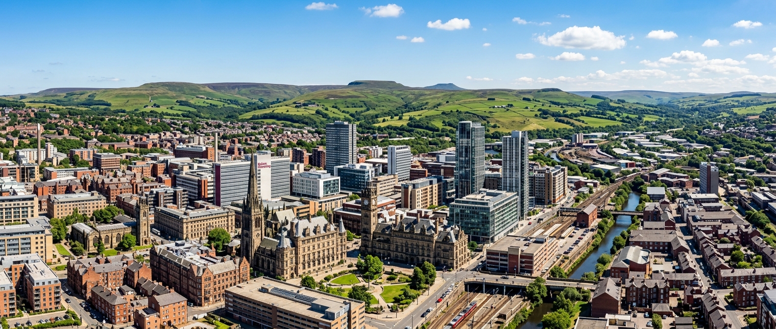 Panoramic view of Sheffield city skyline with green hills of the Peak District in the background, mix of modern and Victorian architecture, sunny day with blue sky