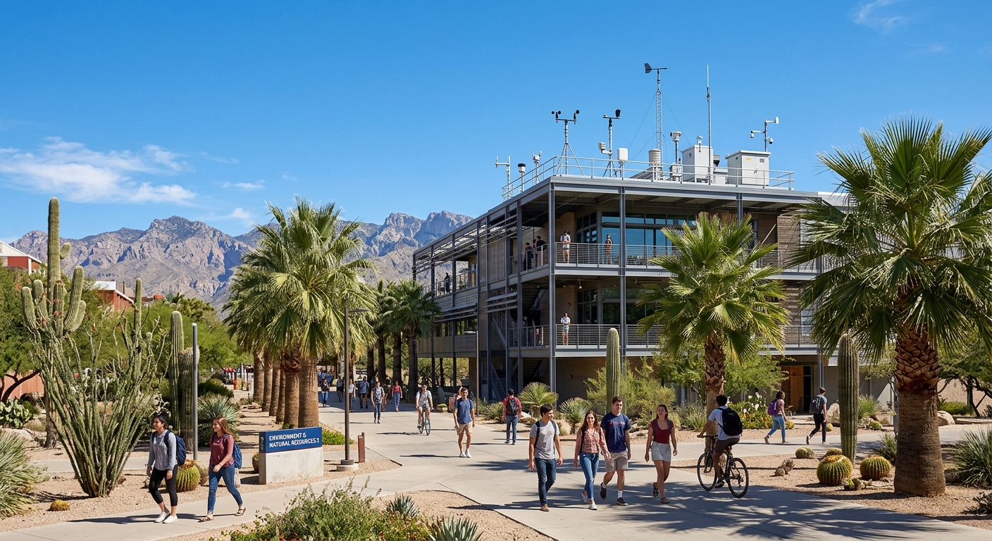 University of Arizona campus in Tucson with clear blue desert sky, Sonoran landscape in background, modern science building with weather monitoring equipment on rooftop, students walking along palm-lined pathways