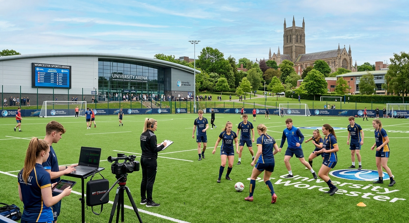University of Worcester sports arena with students on an artificial turf pitch, coaching session in progress, performance analysis equipment visible, green campus surroundings with historic Worcester cathedral in the background