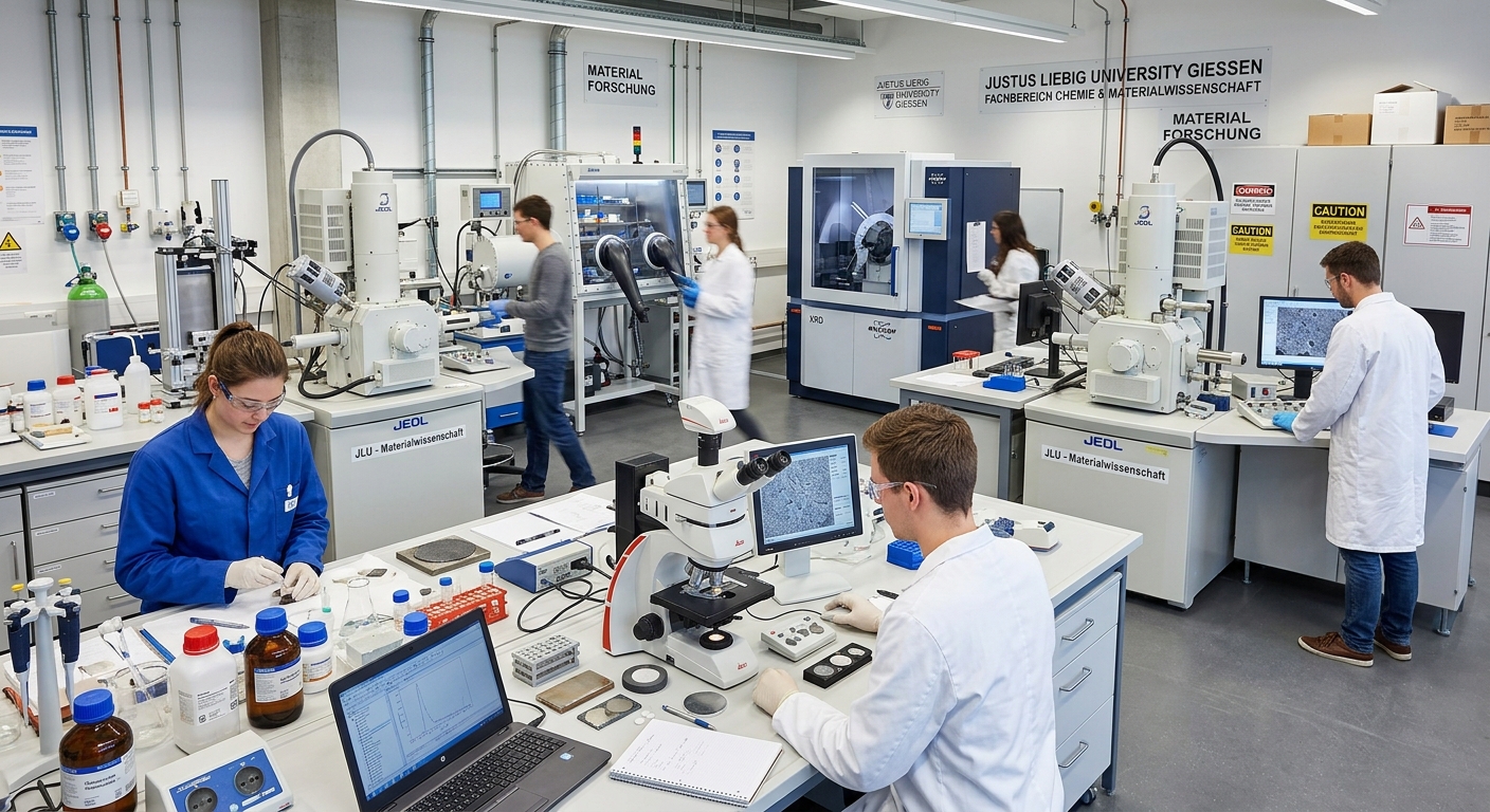 Modern materials science laboratory at Justus Liebig University Giessen with students working on experiments, advanced analytical equipment, bright overhead lighting, and functional materials samples on workbenches