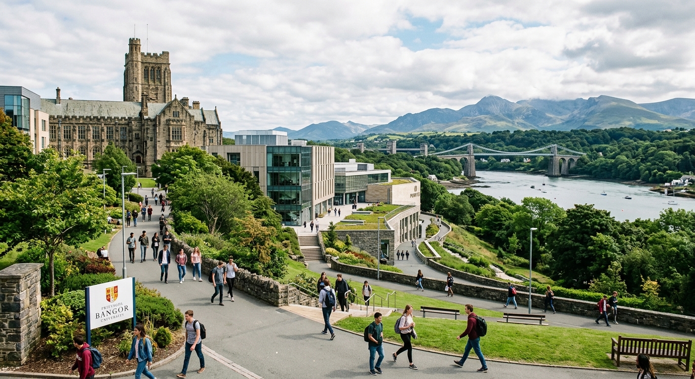 Modern university campus in Bangor, Wales with mountains of Snowdonia in the background, students walking between historic and contemporary buildings, lush green landscape with the Menai Strait visible in the distance