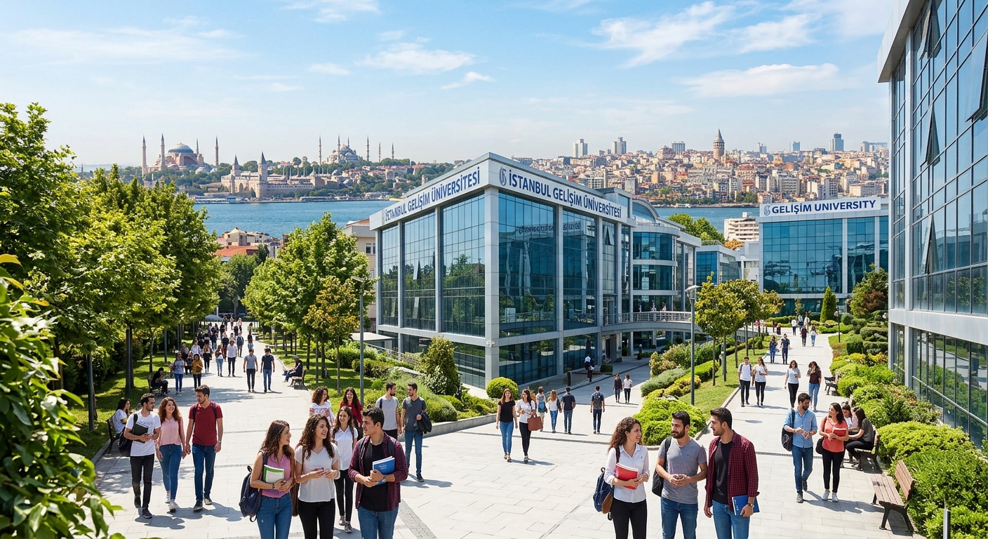 Modern Istanbul Gelisim University campus building with glass facades, students walking on tree-lined pathways, European side of Istanbul skyline visible in background, sunny day