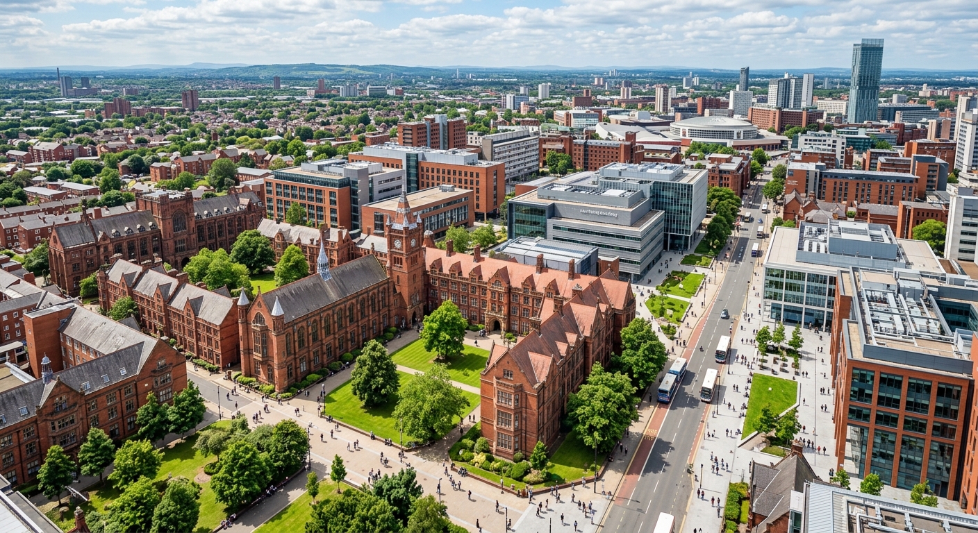 Aerial view of The University of Manchester campus with modern science buildings, historic red-brick architecture, green courtyards, and students walking between departments on a bright day in Manchester, United Kingdom
