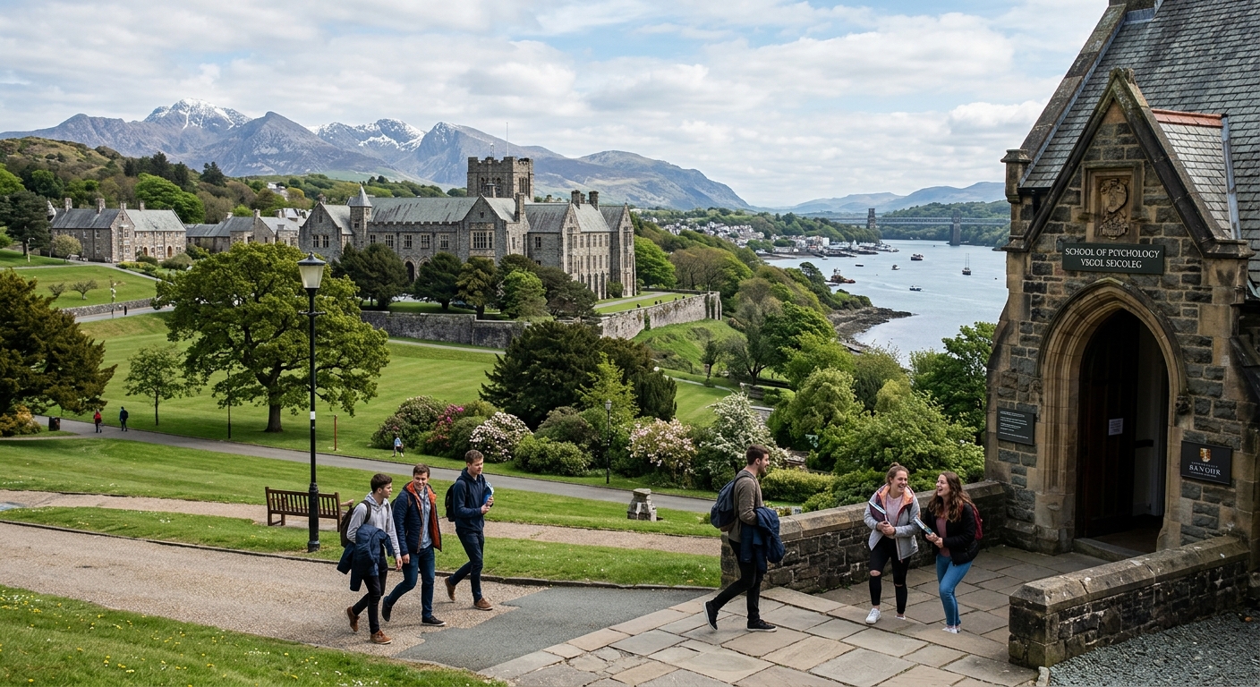 Bangor University campus nestled between Snowdonia mountains and the Menai Strait in North Wales, historic stone buildings with green lawns, psychology department entrance with students walking