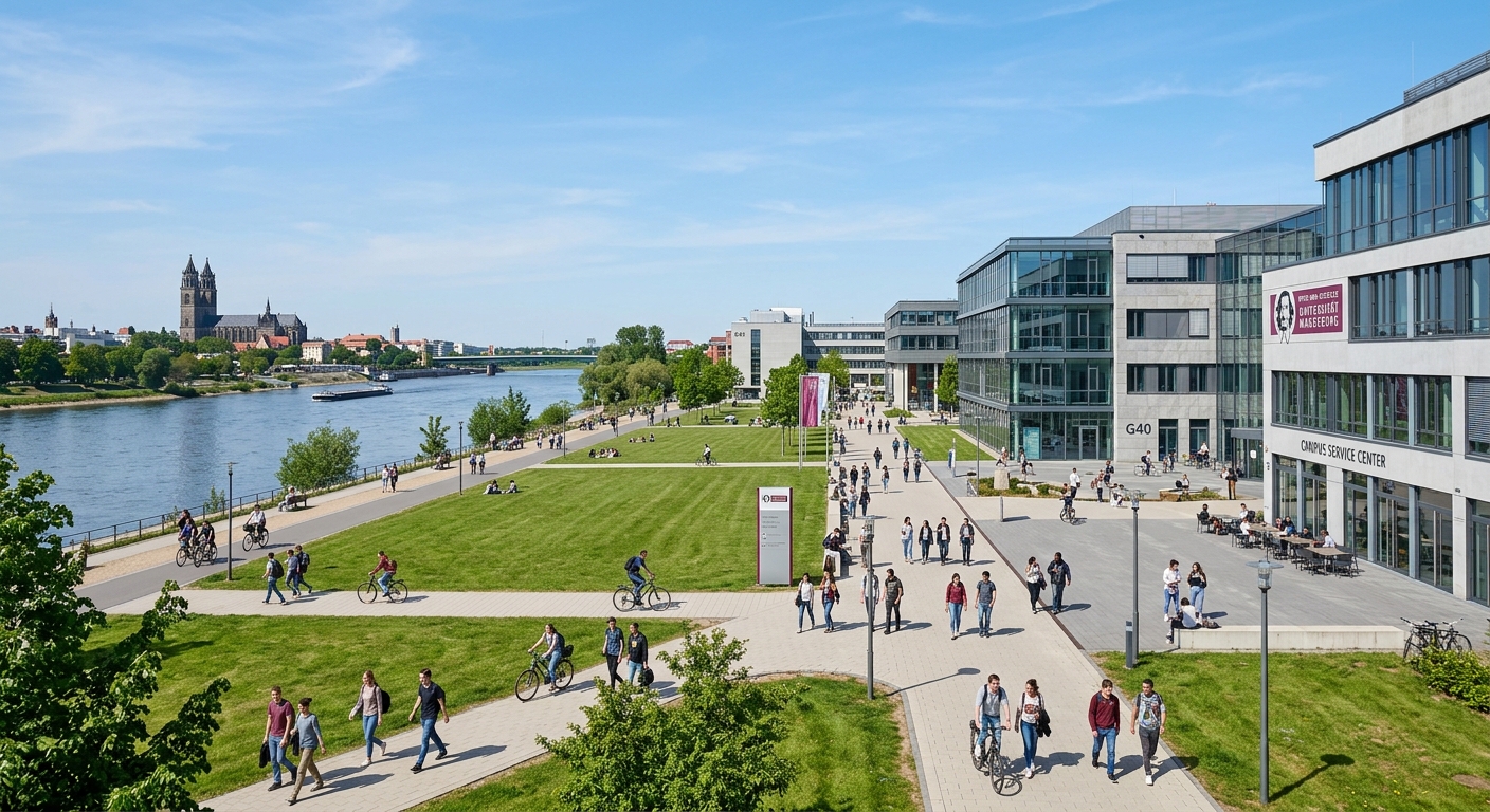 Modern university campus of Otto-von-Guericke University Magdeburg with contemporary faculty buildings, green lawns along the Elbe river, students walking between lecture halls, clear sky over Saxony-Anhalt Germany