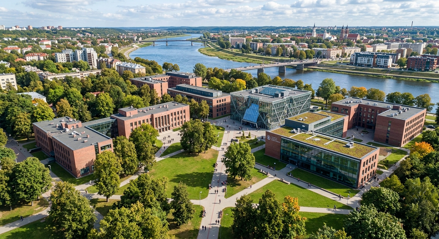 Aerial view of Vytautas Magnus University campus in Kaunas, Lithuania, with modern academic buildings surrounded by green spaces, students walking between lecture halls, and the Nemunas River visible in the background