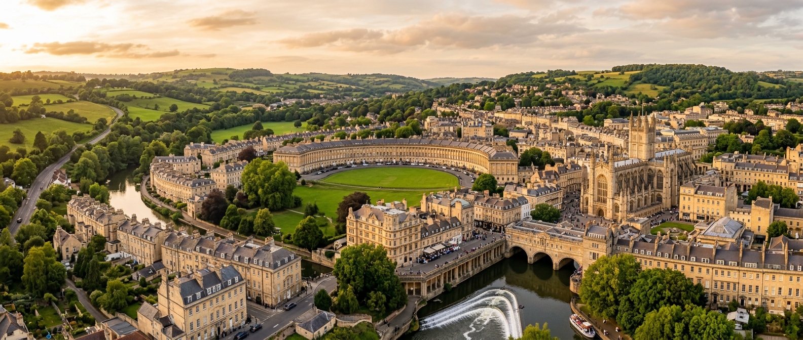 Panoramic view of Bath city centre showing Georgian architecture, the Royal Crescent, Pulteney Bridge over the River Avon, Bath Abbey, green hills surrounding the city, golden Bath stone buildings glowing in warm light