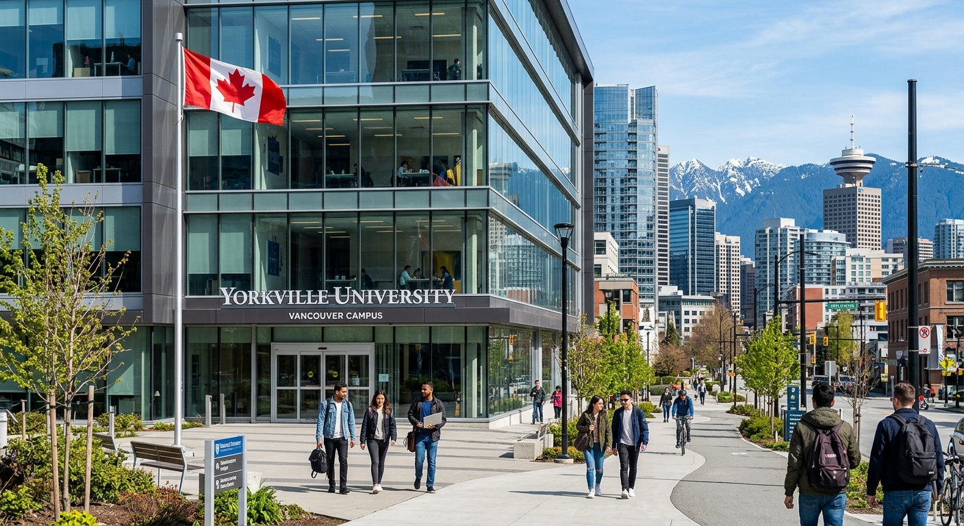 Modern Yorkville University Vancouver campus building exterior with glass facade, students walking on pathway, Canadian flag visible, urban cityscape in background with mountains, bright daylight