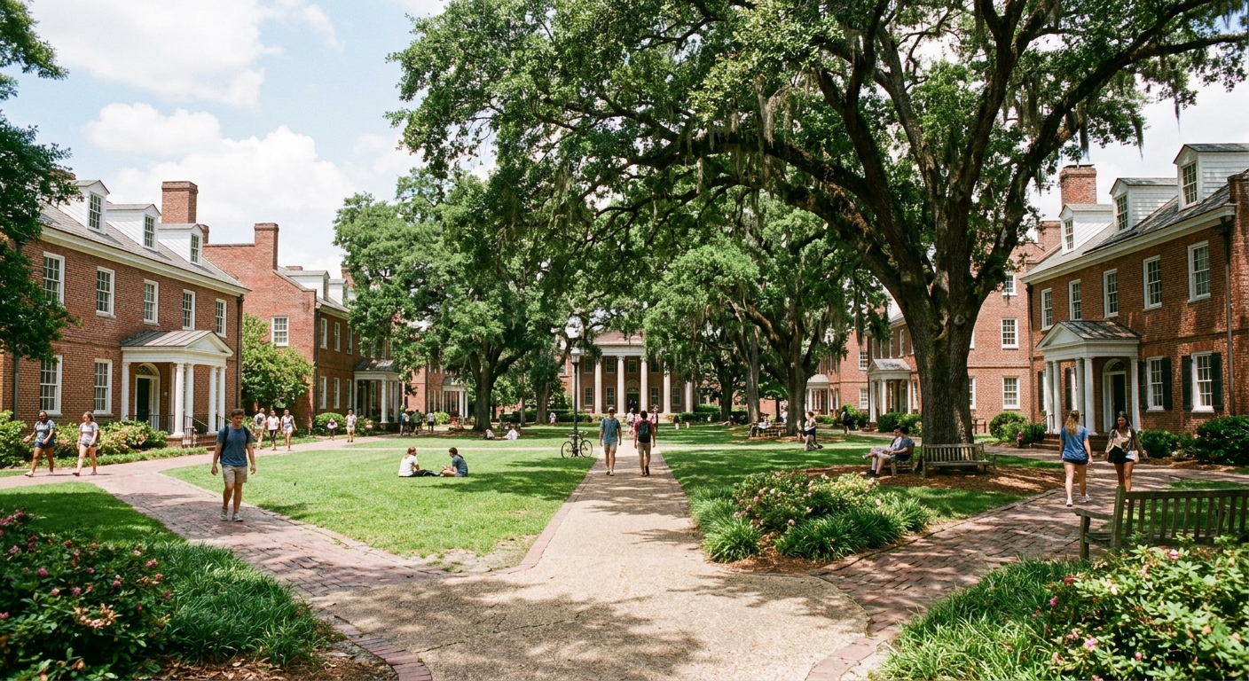 The historic Horseshoe at the University of South Carolina, featuring red brick buildings from the early 1800s arranged around a green quadrangle with mature oak trees and walking paths