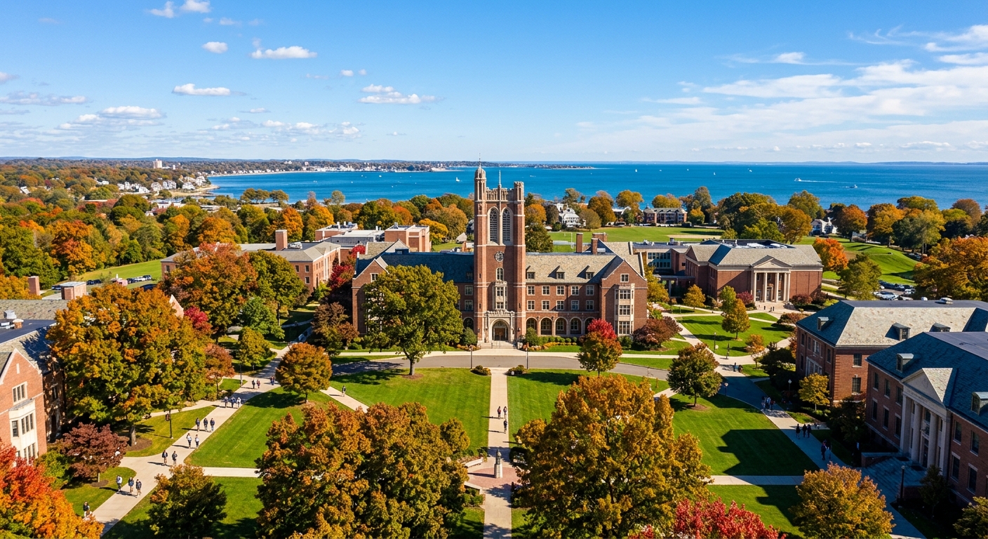Fairfield University campus wide shot showing Bellarmine Hall and surrounding green lawns with mature trees, Long Island Sound visible in the background, bright autumn day with blue sky