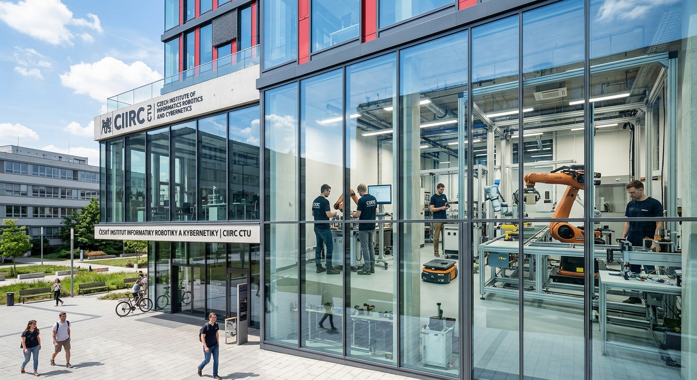 Czech Institute of Informatics Robotics and Cybernetics CIIRC modern research building, high-tech laboratory spaces, robotic equipment visible through glass walls