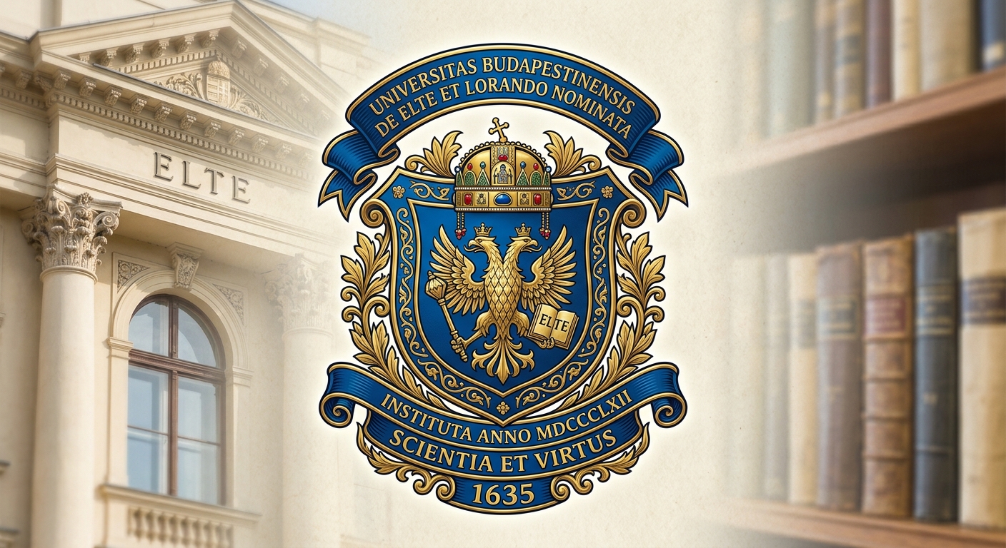 Eötvös Loránd University ELTE official logo, blue and gold university crest with Latin inscription and founding year 1635