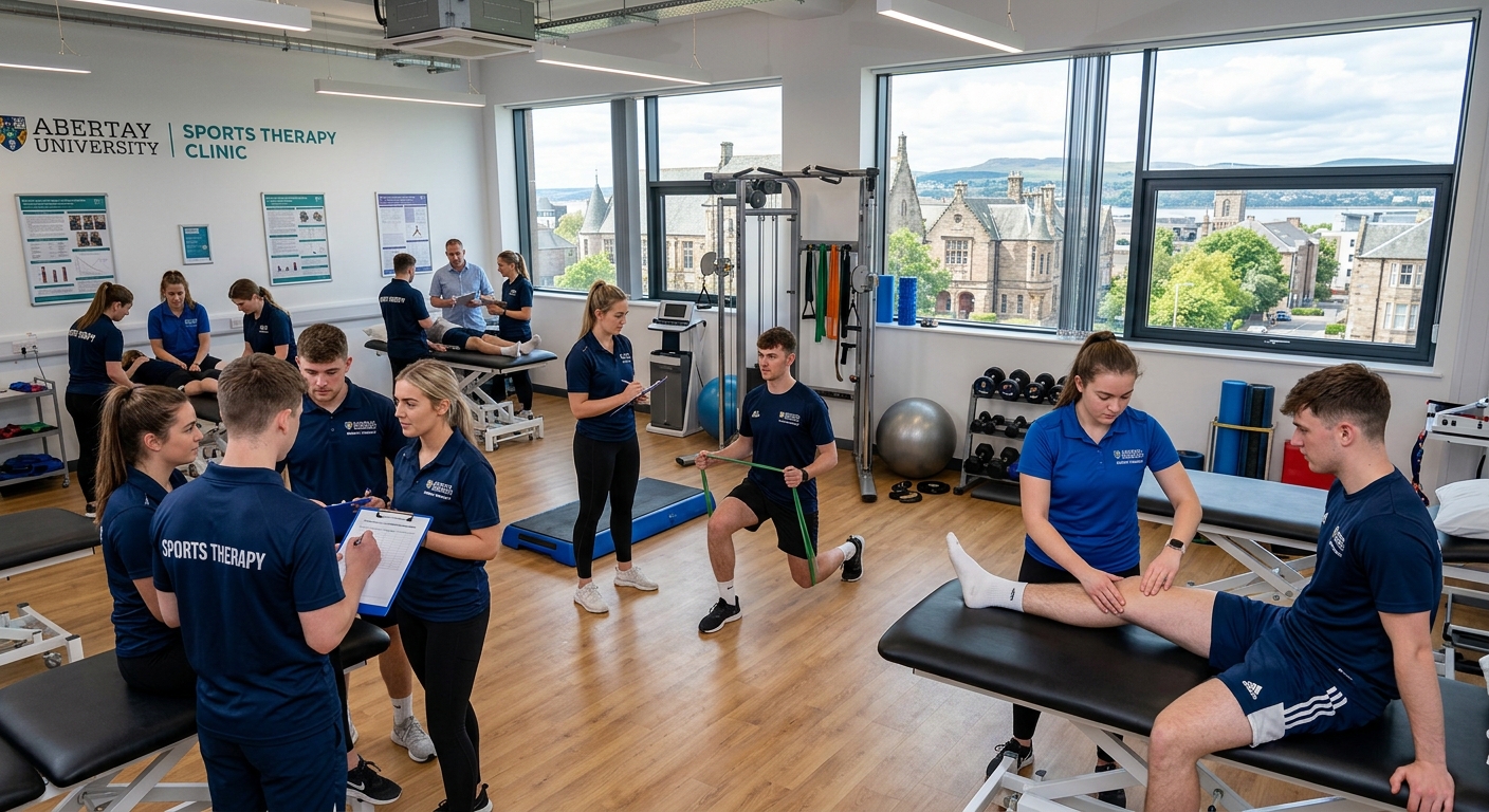 Modern sports therapy laboratory at Abertay University with treatment tables, rehabilitation equipment, and students practicing clinical assessment techniques in a bright professional clinic setting, Dundee Scotland campus visible through windows