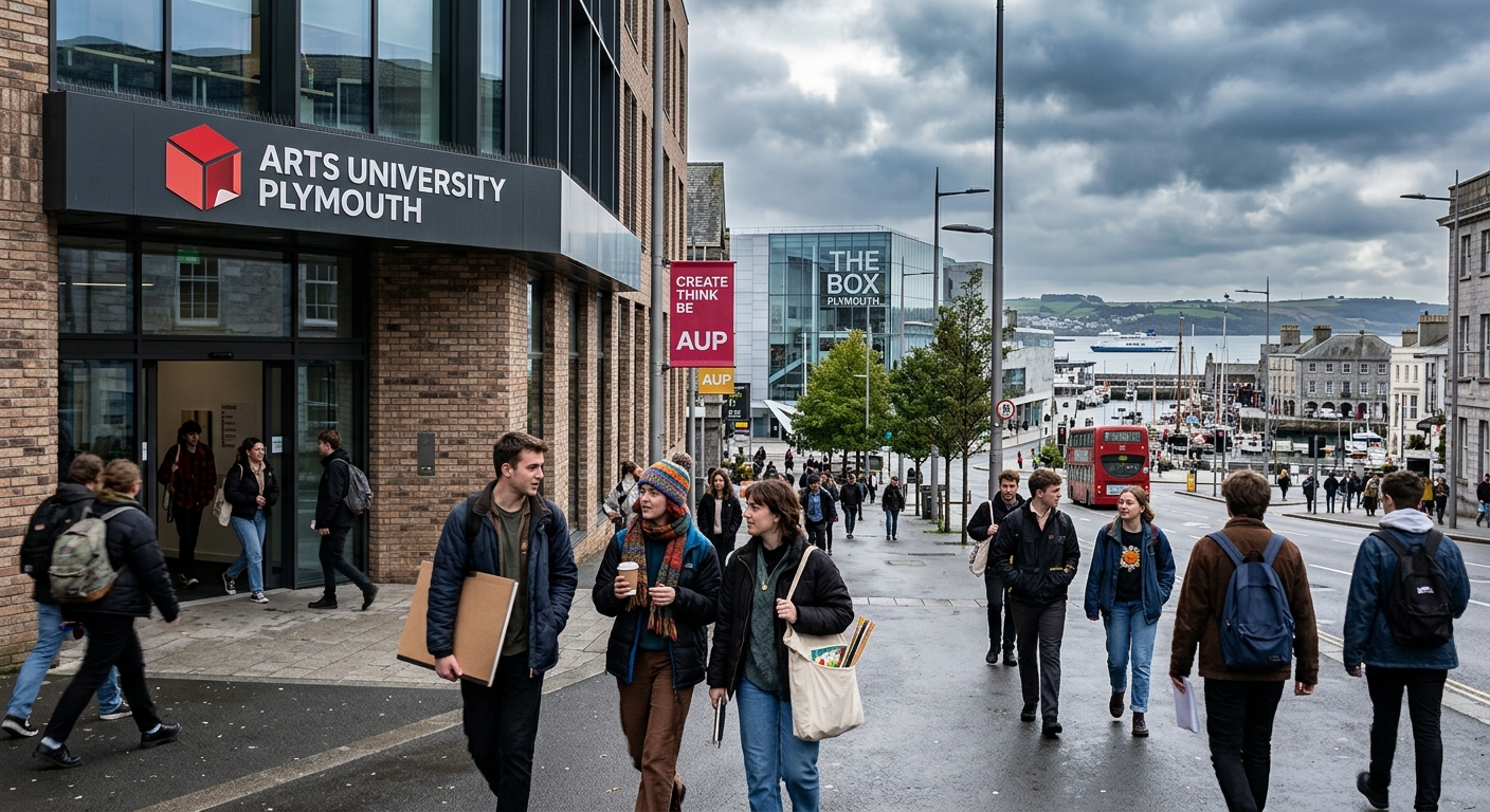 Arts University Plymouth campus building in Plymouth city centre with creative students walking past, The Box museum visible in the background, coastal Devon cityscape with harbour views, overcast British sky