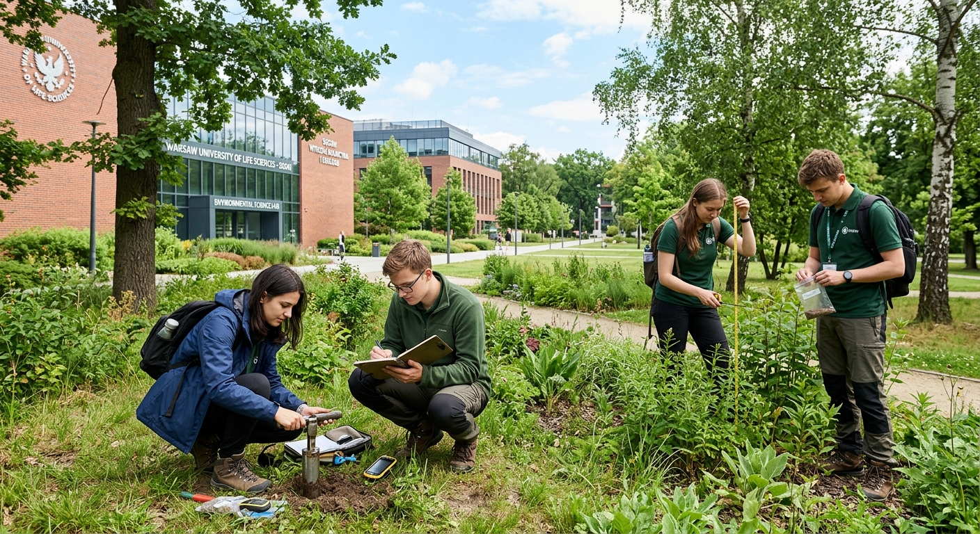 Modern university campus of Warsaw University of Life Sciences with green parkland, environmental science students conducting outdoor fieldwork, lush vegetation and laboratory buildings in background, Warsaw Poland