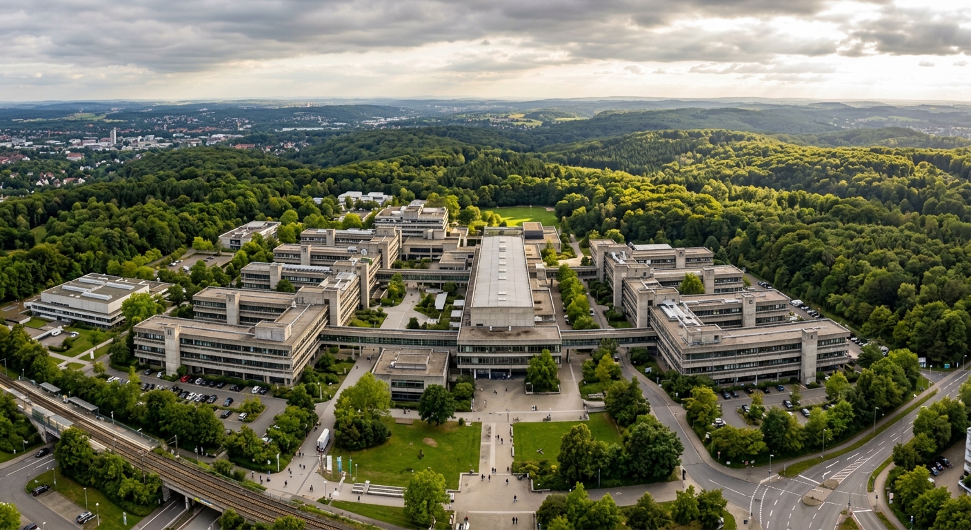 Bielefeld University main building aerial view, massive modernist concrete structure surrounded by green Teutoburg Forest, North Rhine-Westphalia Germany, overcast sky with patches of sunlight