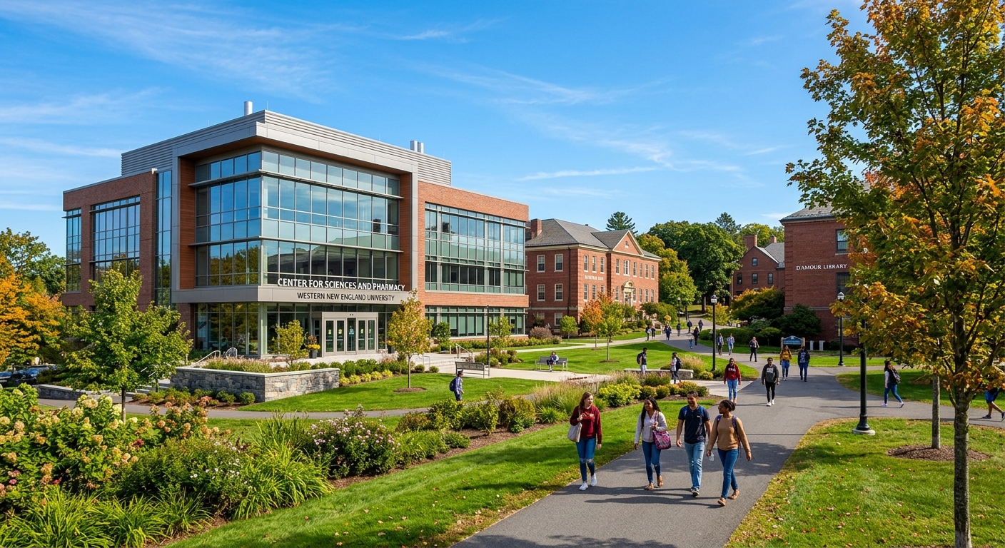 Western New England University campus in Springfield Massachusetts, modern engineering building with green landscaped grounds, students walking on pathways between brick academic buildings under clear blue sky