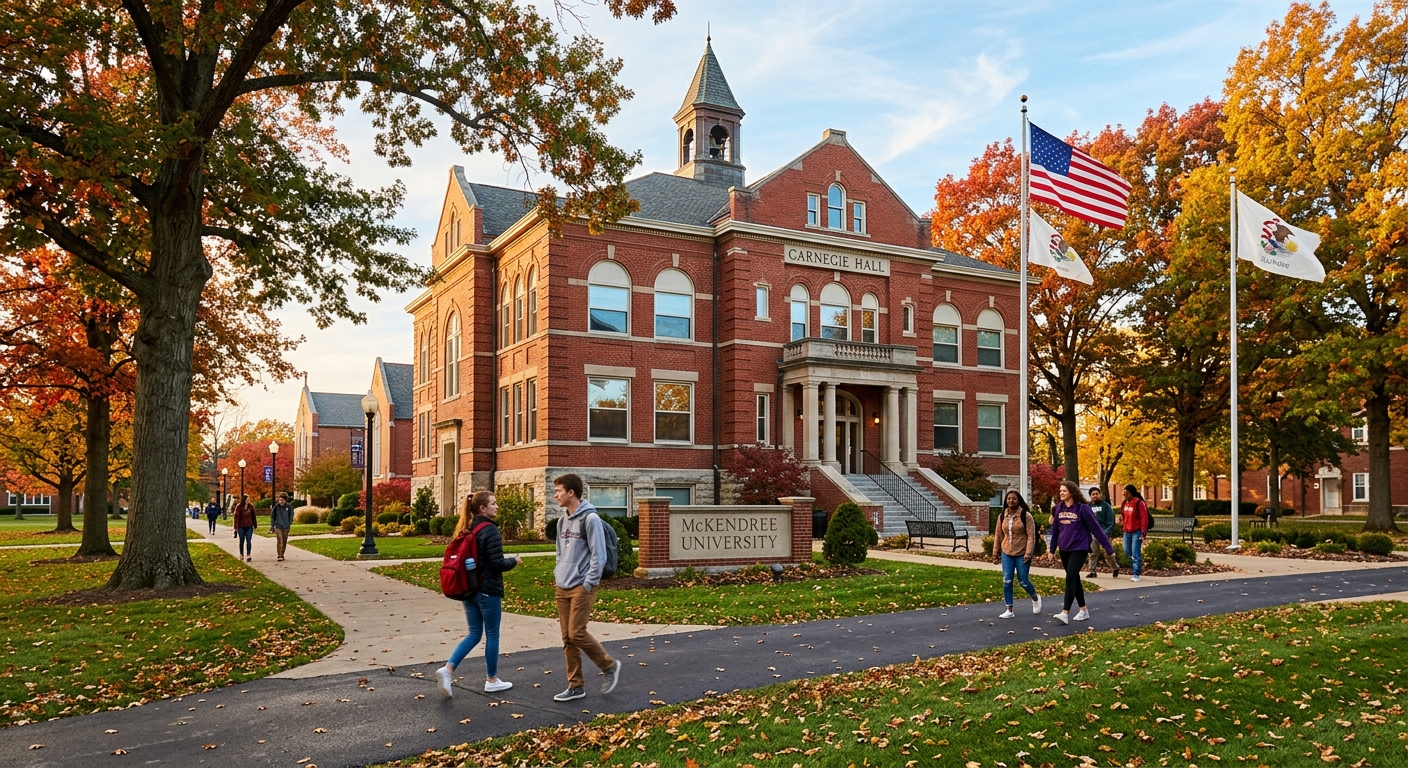Historic red-brick Carnegie Hall building on McKendree University campus in Lebanon Illinois, tree-lined walkways with students carrying backpacks, green lawns and American flag, warm autumn light