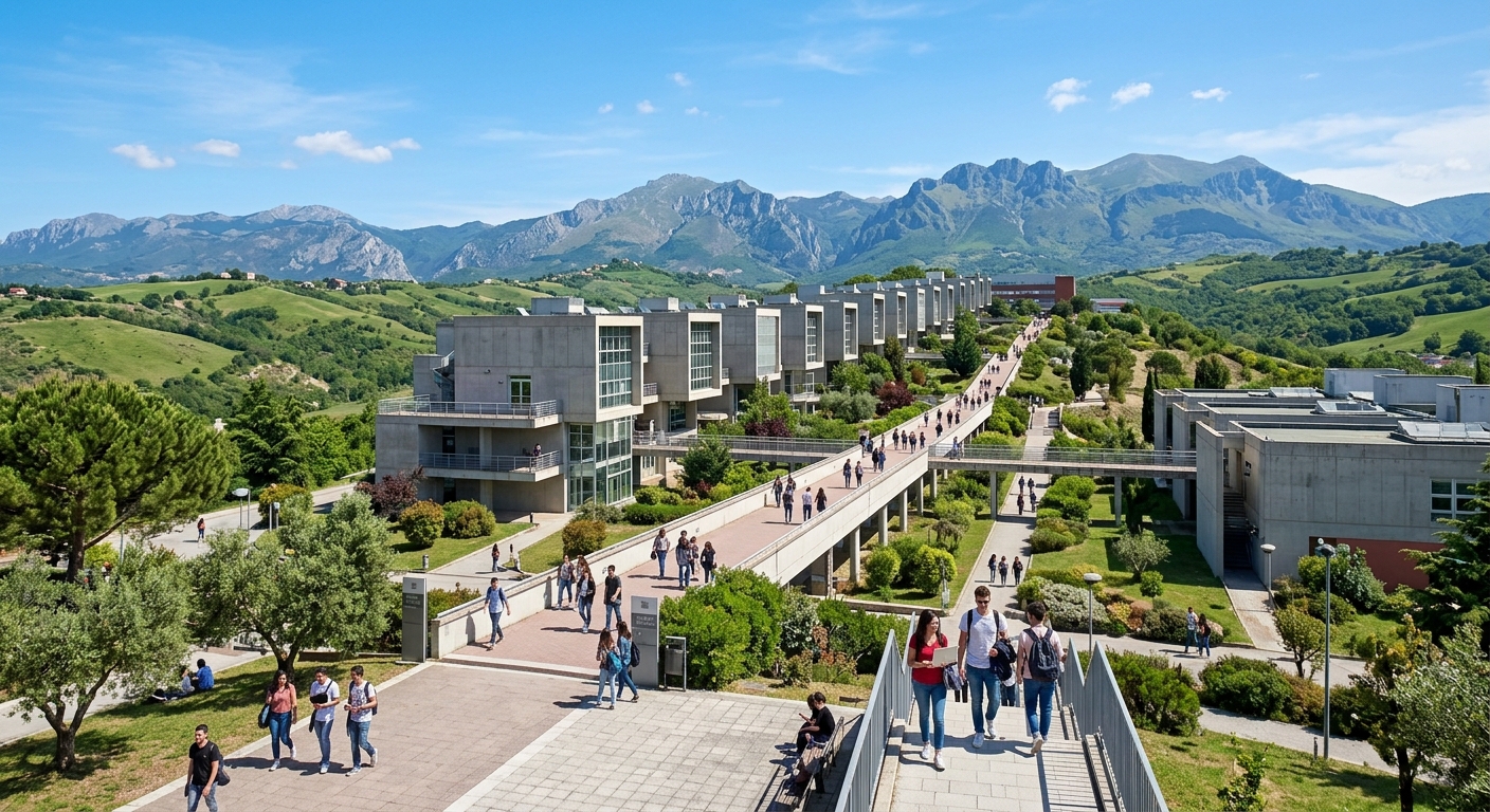 Modern university campus of the University of Calabria in Rende, Italy, with cube-shaped buildings set among green hills, students walking along pathways, Calabrian mountains visible in the background under a clear Mediterranean sky