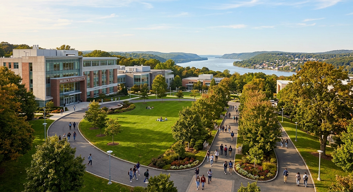 Mercy University Dobbs Ferry campus with green lawns and modern academic buildings, students walking along tree-lined pathways, Hudson River Valley visible in the background, warm natural lighting