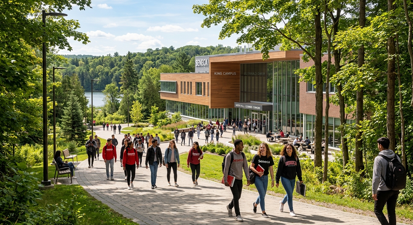 Seneca Polytechnic King Campus surrounded by green nature, students walking along pathways near modern academic buildings, warm sunlight filtering through trees, Canadian college campus atmosphere