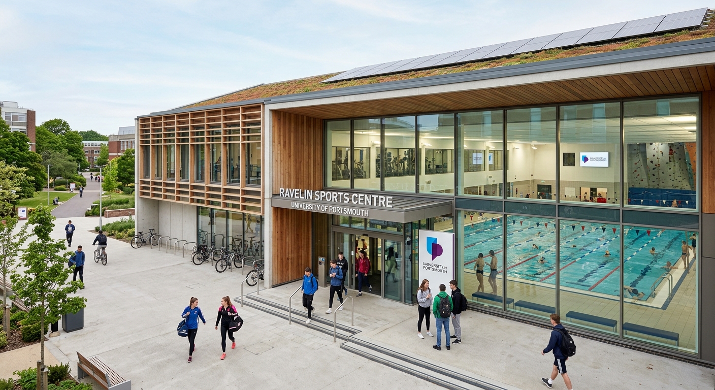 Ravelin Sports Centre at the University of Portsmouth, a modern sustainable sports facility with glass facade, swimming pool visible through windows, students entering the building