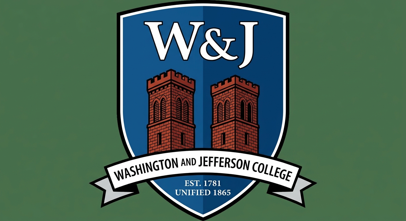 Washington and Jefferson College official logo featuring two stylized brick towers representing the 1865 unification of Washington College and Jefferson College, with W&J text