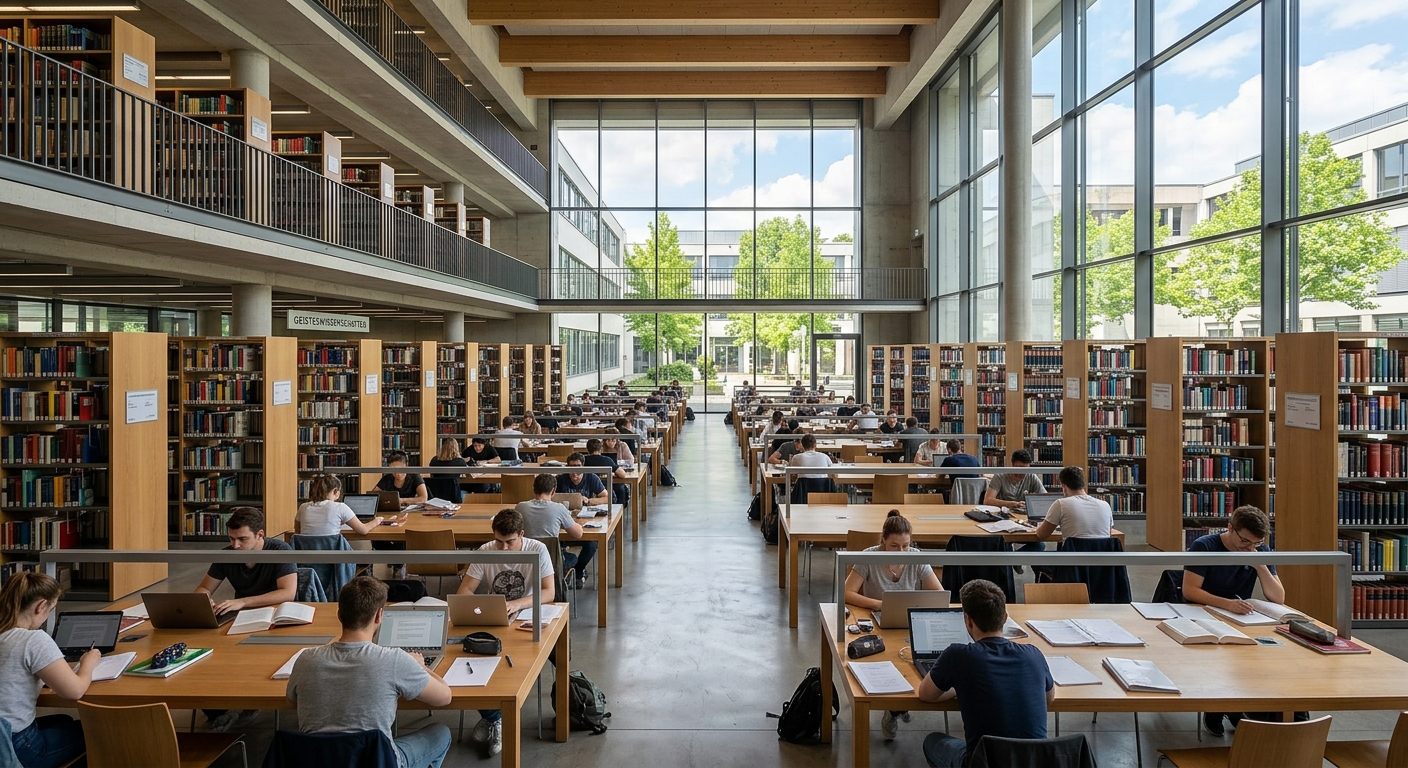 University of Mainz library interior, spacious reading hall with natural light, rows of bookshelves, students studying at modern desks