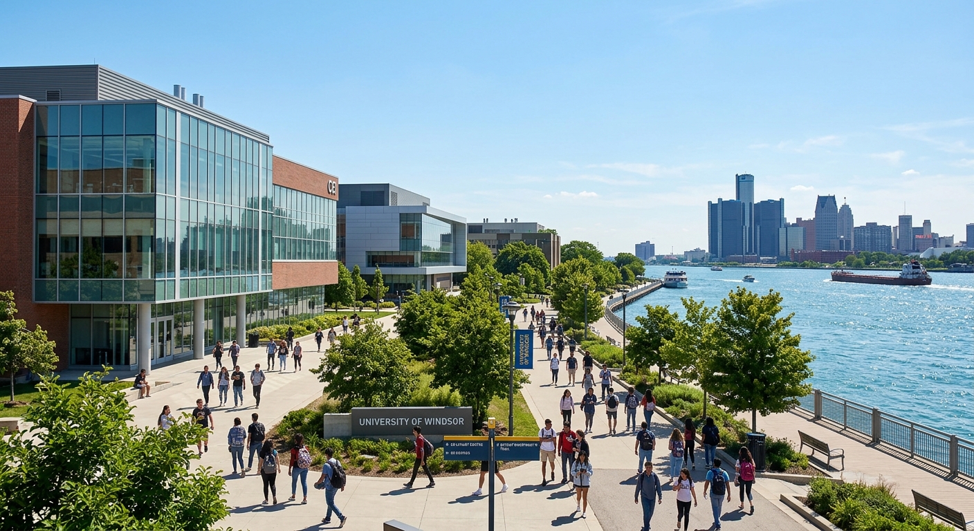 University of Windsor campus with modern academic buildings along the Detroit River waterfront, students walking on tree-lined pathways, clear sky over Windsor Ontario Canada