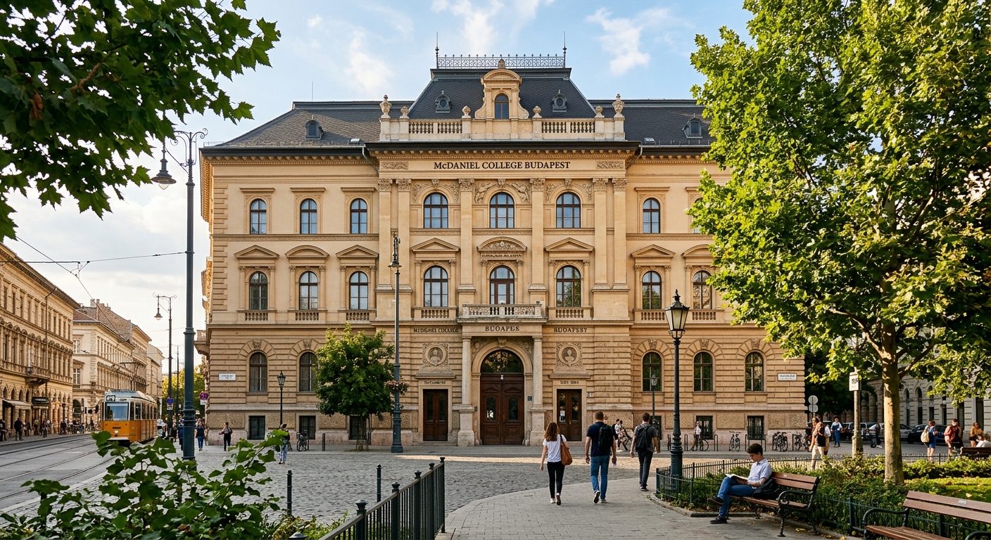 McDaniel College Budapest campus building, a restored late 19th century historic school building with classical European architecture, located on Bethlen Gábor tér in Budapest District VII, warm daylight, green trees in foreground