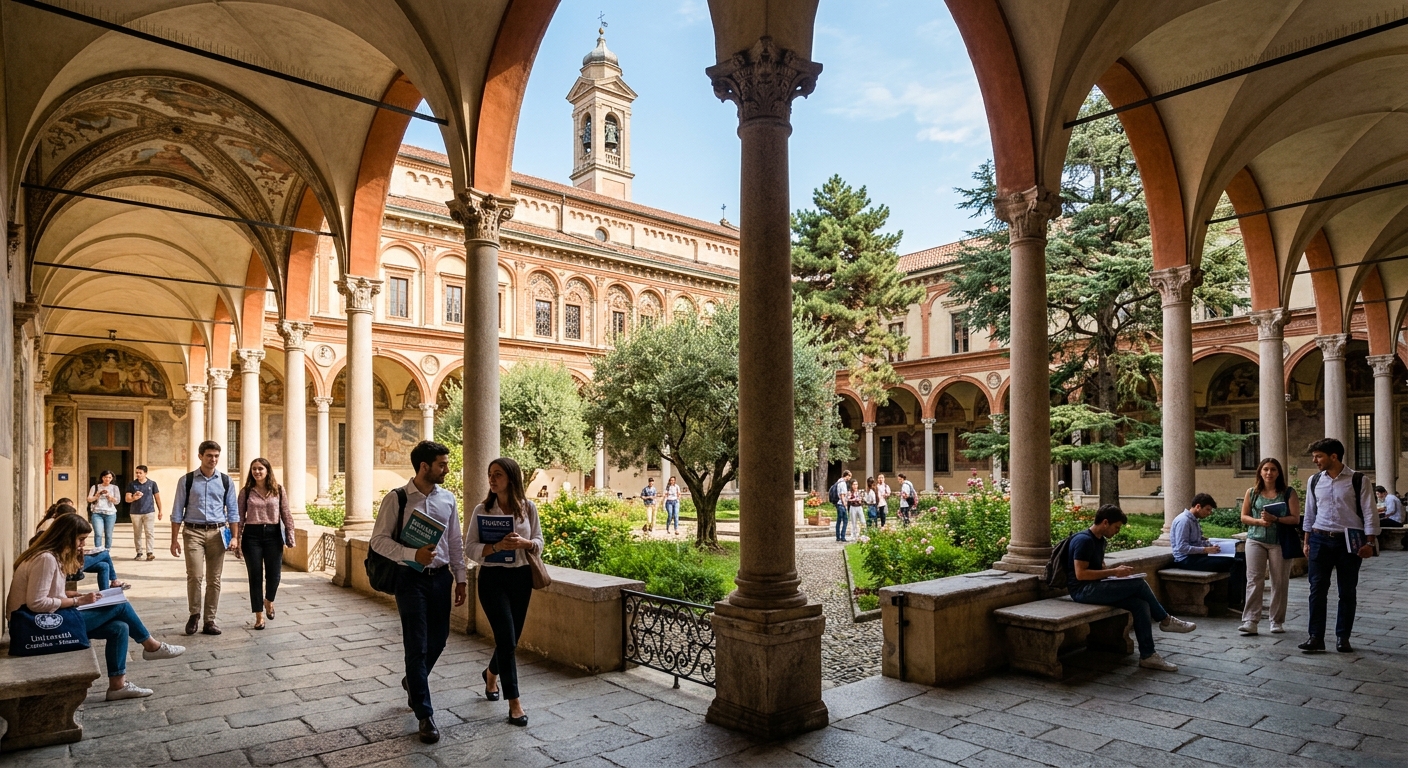 Historic Università Cattolica del Sacro Cuore campus in Milan, Italy, featuring elegant cloister architecture with arched colonnades, students walking through courtyard, warm Mediterranean sunlight, finance and banking themed atmosphere