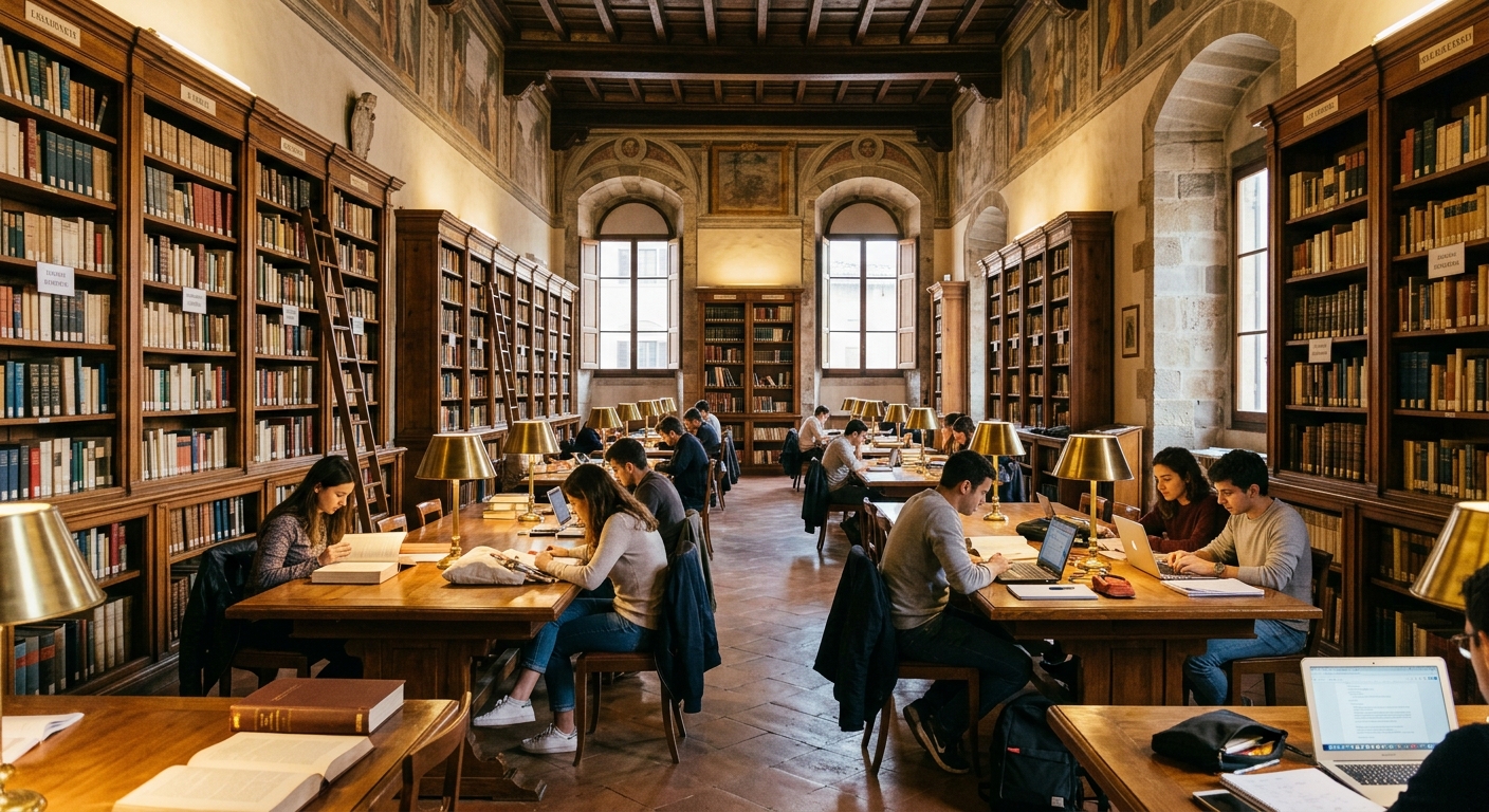 University for Foreigners of Siena library interior, wooden bookshelves, reading desks, warm lighting, students studying in a historic Italian setting