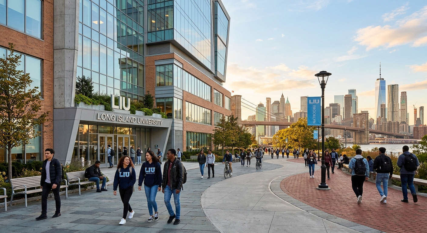 Long Island University Brooklyn campus building exterior with modern architecture, students walking on urban campus pathways, New York City skyline visible in background, warm afternoon light