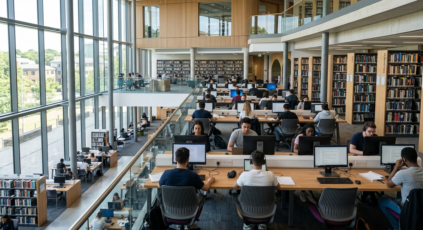 University of Bradford J.B. Priestley Library interior, modern study spaces with natural light, students at computer workstations, bookshelves lining walls
