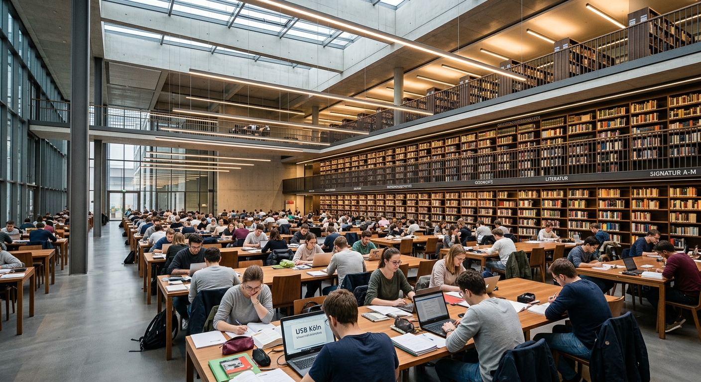 University and City Library of Cologne interior, large reading hall with modern lighting, rows of study desks, students studying, bookshelves in background