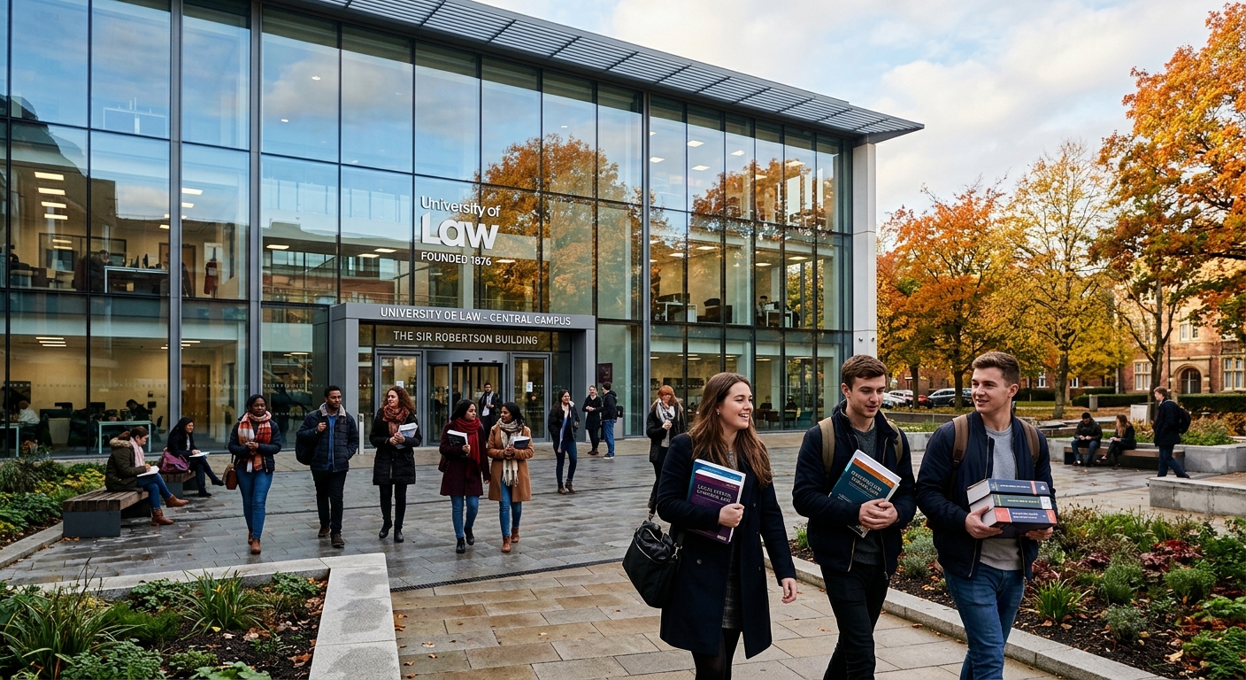 Modern University of Law campus building in the United Kingdom with glass facade, students walking through courtyard carrying law textbooks, professional academic atmosphere with autumn trees in background