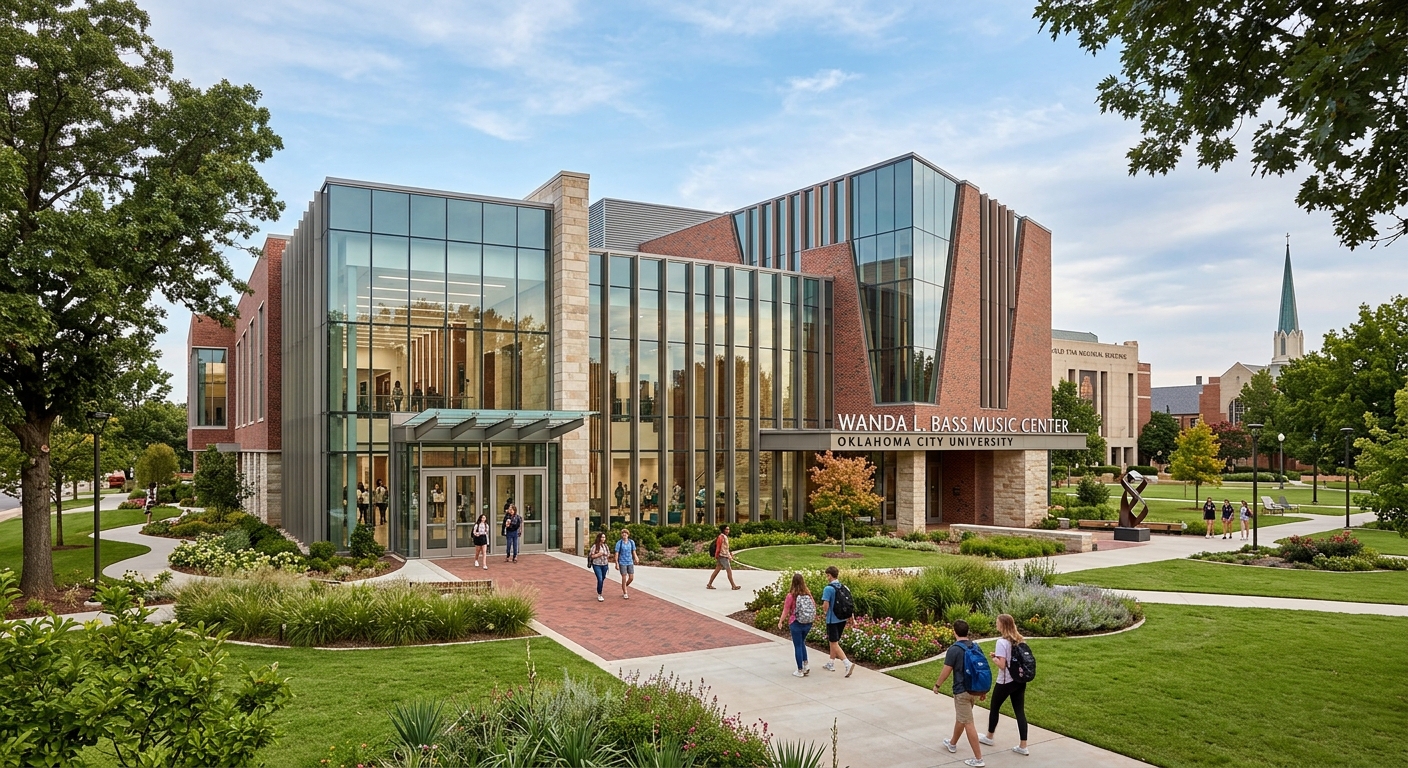 Wanda L. Bass Music Center at Oklahoma City University, modern glass and brick architecture, grand entrance with performance hall, landscaped grounds