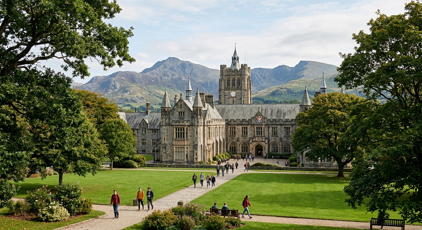 Historic Bangor University campus with Victorian stone buildings set against the backdrop of Snowdonia mountains in North Wales, green lawns and mature trees framing the main academic building
