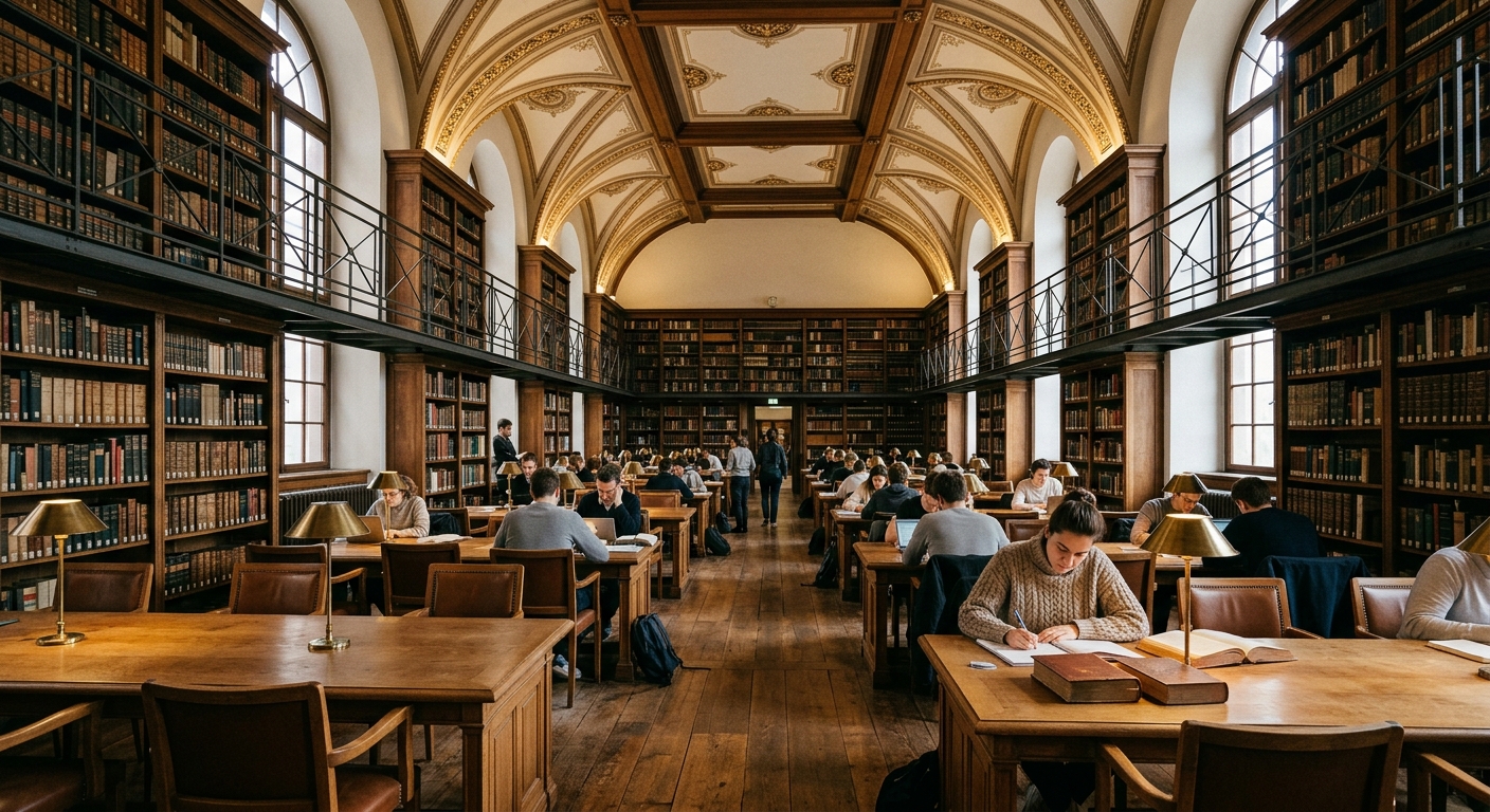 Heidelberg University Library interior with tall bookshelves, reading desks, ornate ceiling, and students studying in a quiet scholarly atmosphere
