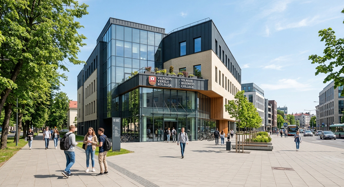 Modern Vilnius Business College campus building in Vilnius Lithuania, students walking near entrance, European urban setting with trees and contemporary architecture, bright daylight