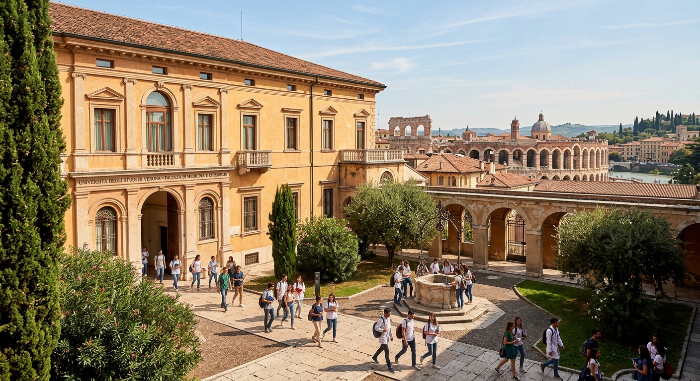 University of Verona Faculty of Medicine building exterior with historic Italian architecture, medical students walking through courtyard, Verona cityscape in background with Roman amphitheater visible, warm Mediterranean sunlight
