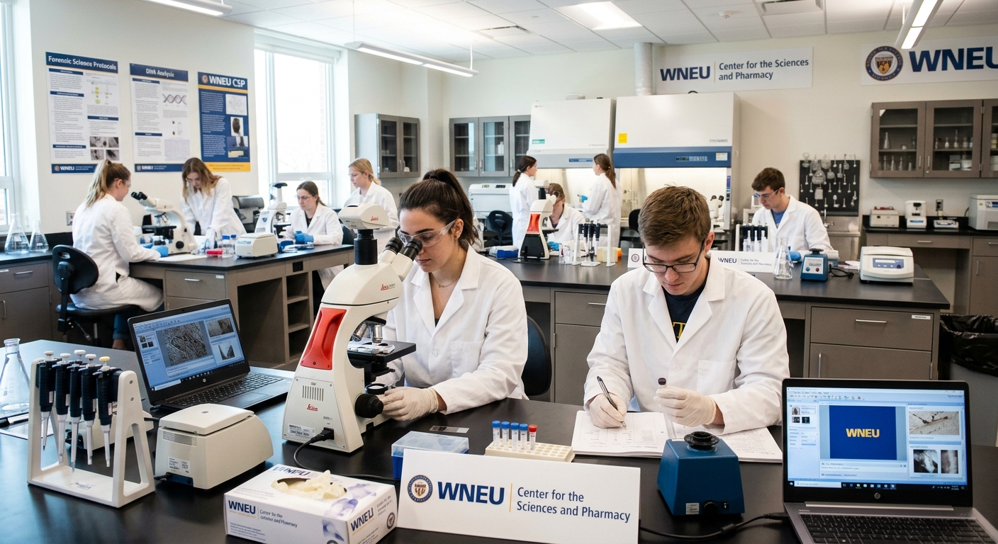 Modern science laboratory at Western New England University Center for the Sciences and Pharmacy, students in lab coats analyzing biological evidence under microscopes, bright fluorescent lighting, forensic equipment visible on benches