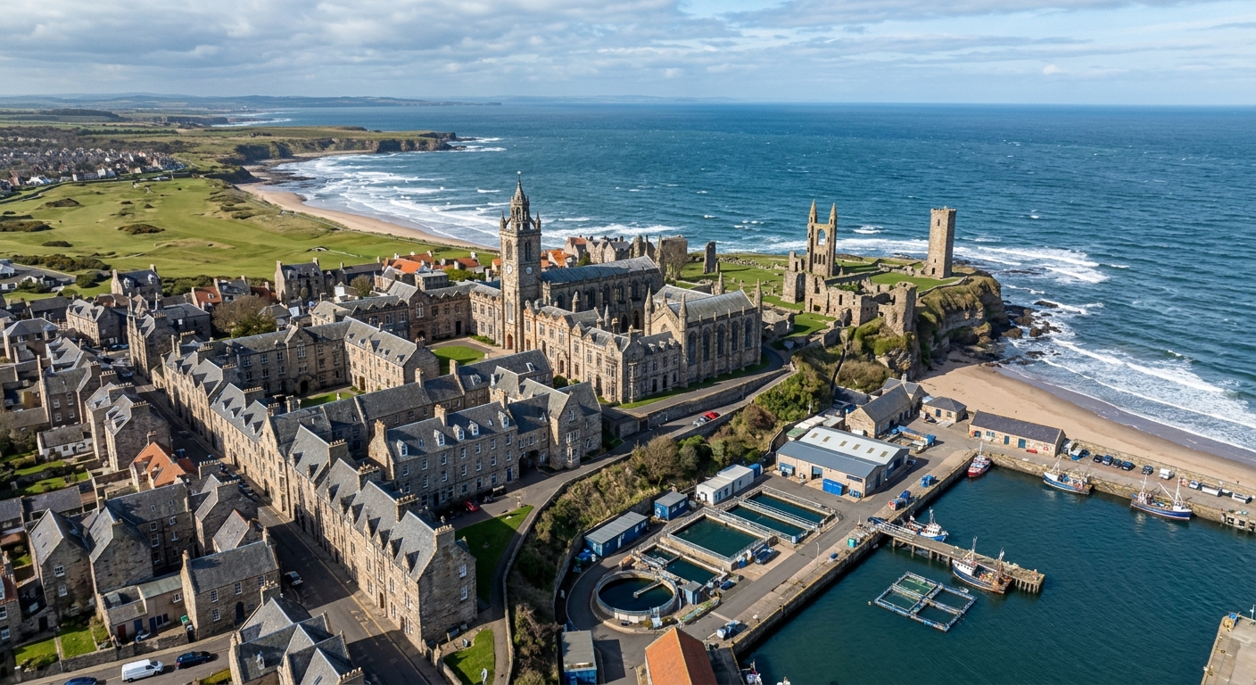 Aerial view of the University of St Andrews historic campus with medieval stone buildings overlooking the North Sea coastline in Scotland, aquaculture research facilities visible near the harbor
