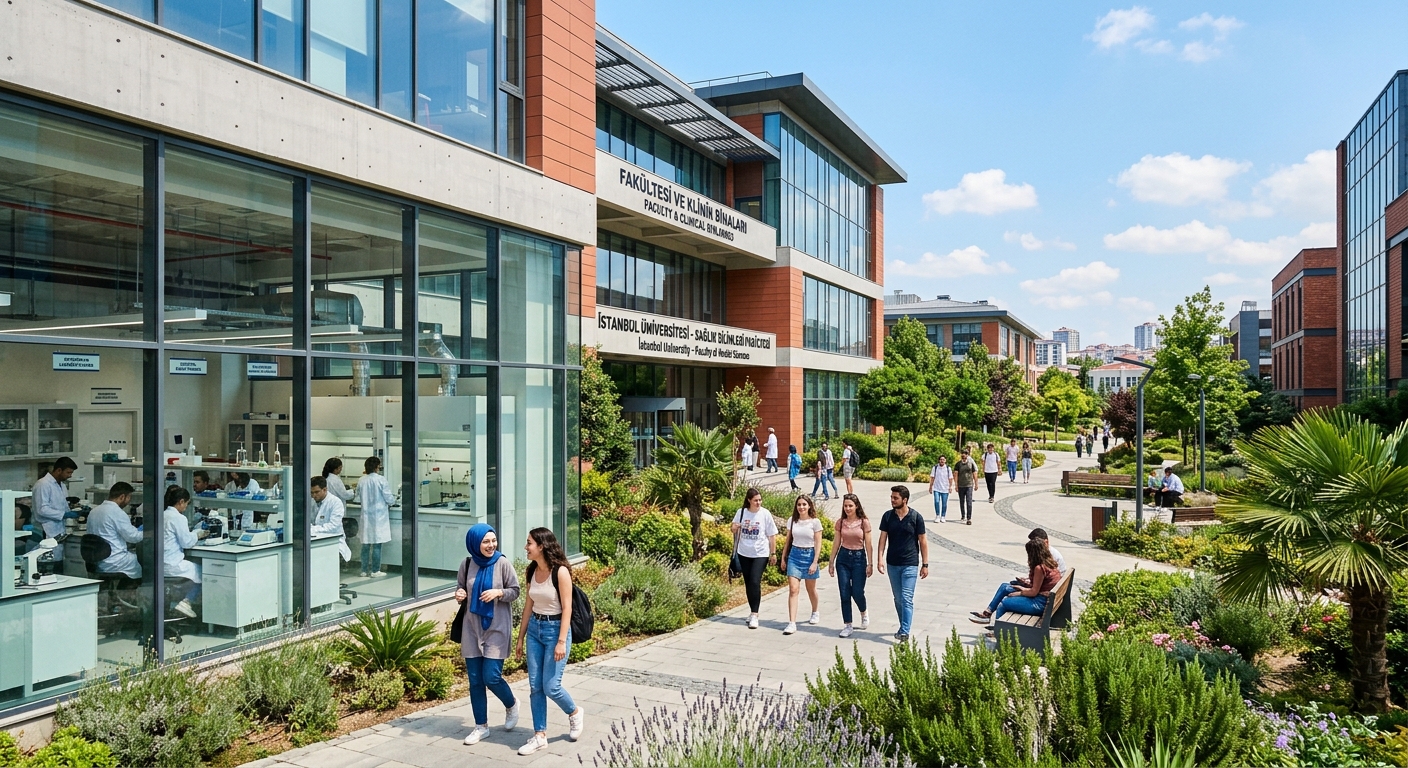 Modern university campus in Istanbul with health sciences faculty building, students walking through a landscaped courtyard, clinical laboratory visible through glass windows, bright Mediterranean sunlight