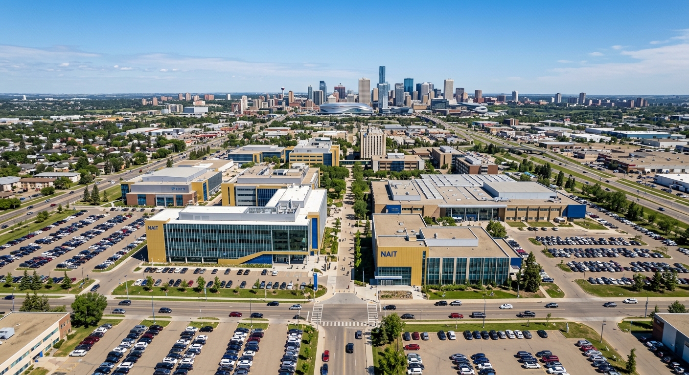 Northern Alberta Institute of Technology main campus aerial view in Edmonton, modern industrial and academic buildings with gold and blue accents, wide parking areas, urban Edmonton skyline in background, clear Alberta sky
