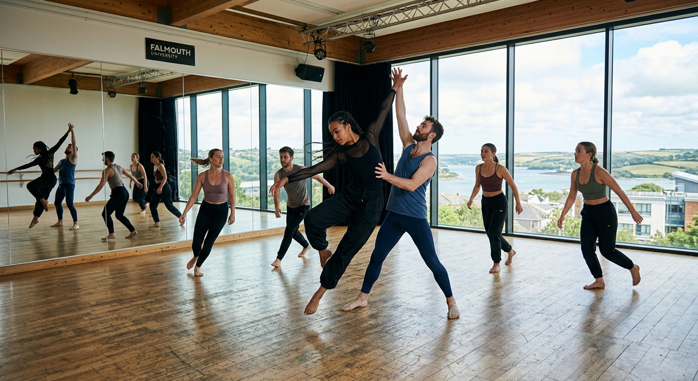 Contemporary dancers performing in a modern university dance studio with sprung wooden floors, full-length mirrors, and natural light streaming through large windows at Falmouth University campus in Cornwall, UK