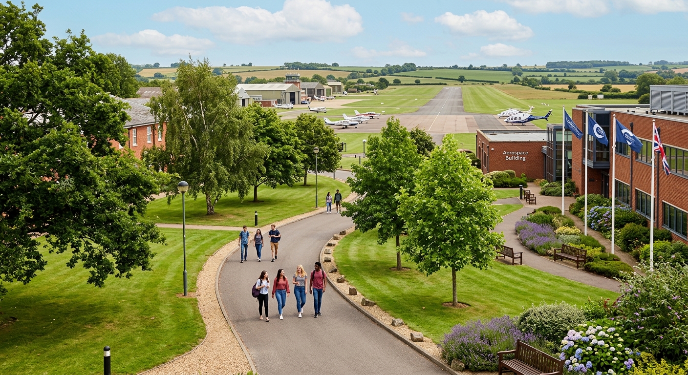 Cranfield University campus green spaces with students walking along pathways, historic airfield in the distance, blue sky with scattered clouds, peaceful rural setting