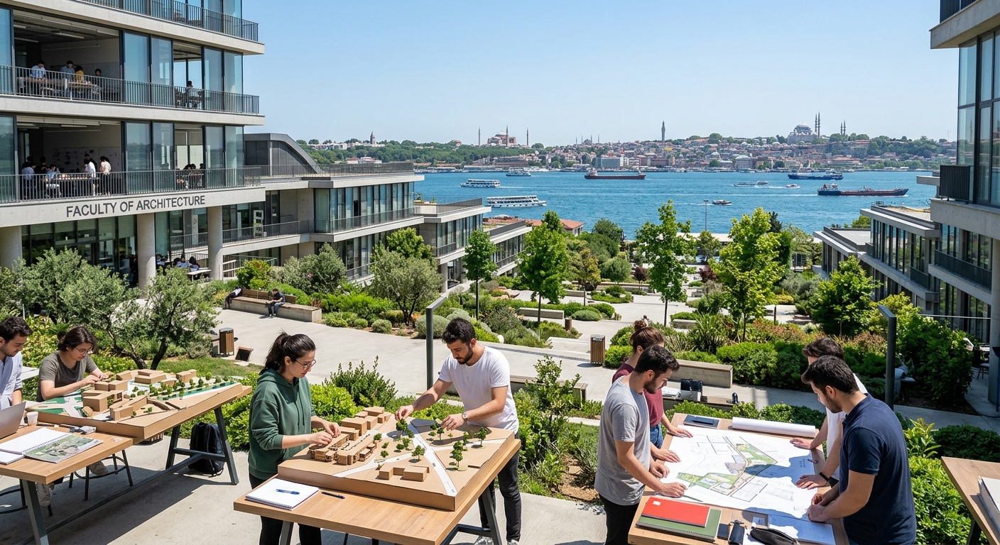 Modern university campus in Istanbul with green landscaped courtyards, architecture studio buildings, students working on outdoor urban design models, Bosphorus skyline visible in the background, bright daylight